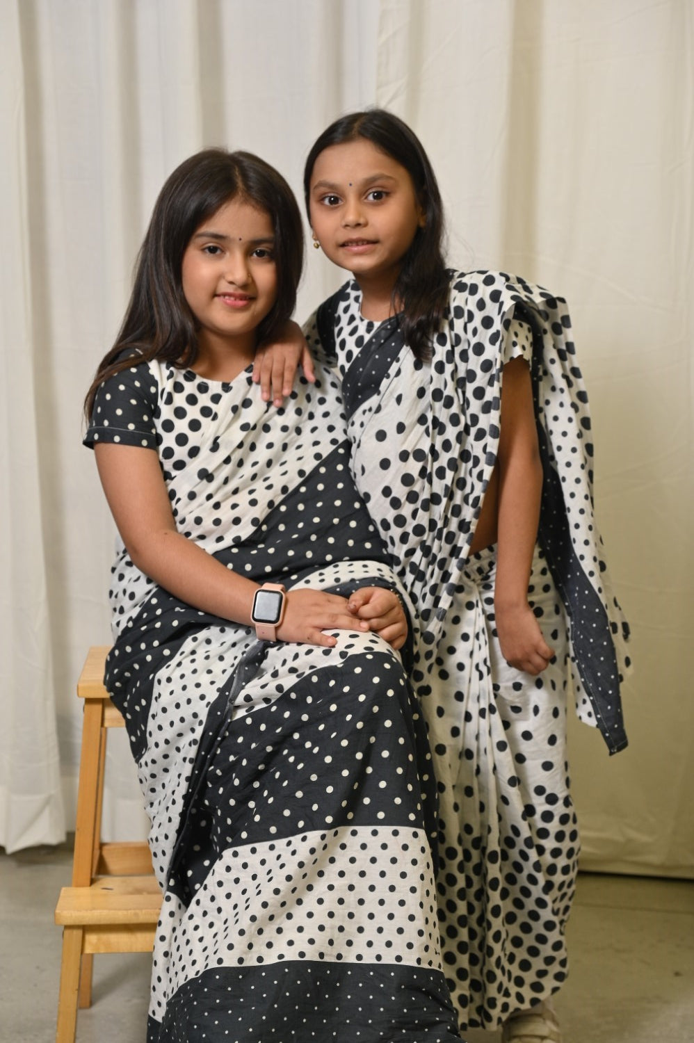 Retro Polka Dots Stitched Saree And Blouse Set