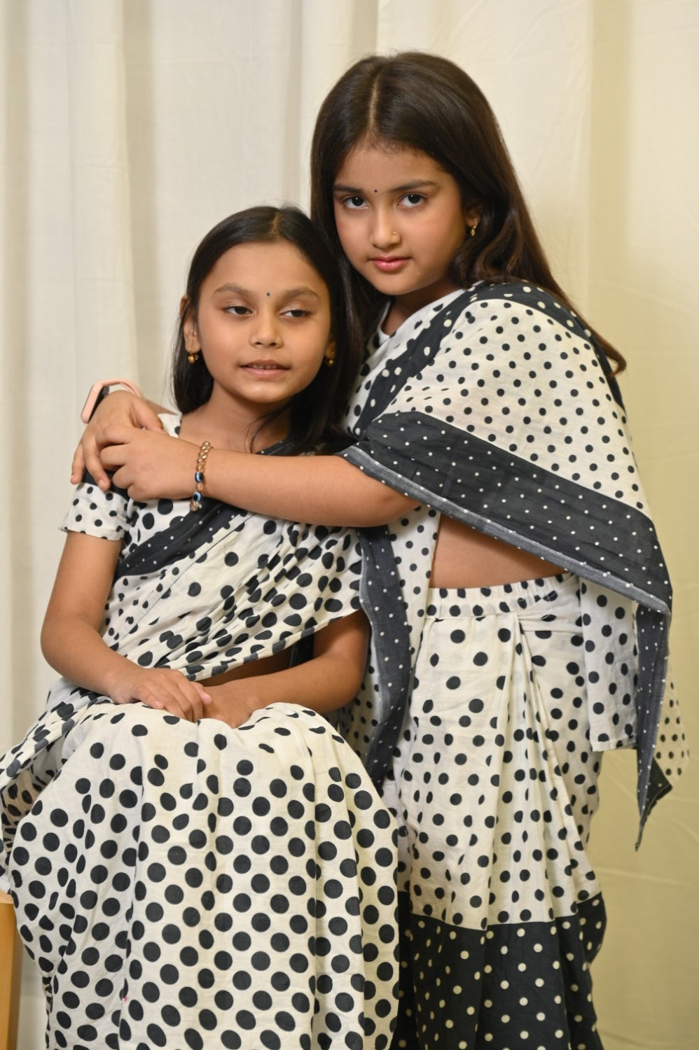 Retro Polka Dots Stitched Saree And Blouse Set